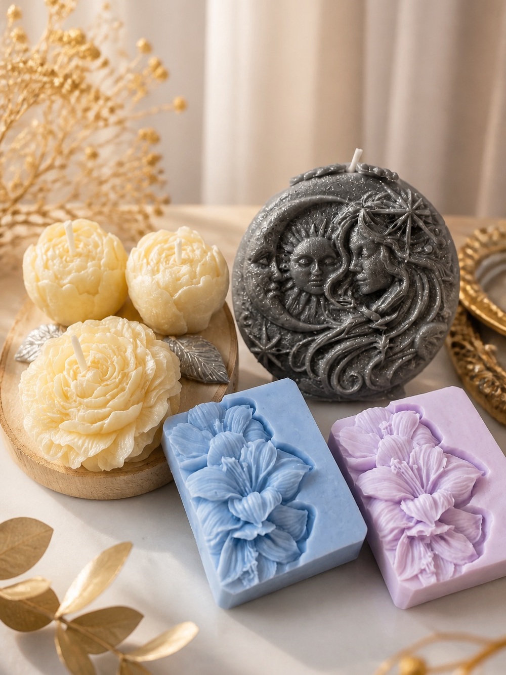 Handcrafted Floral & Moon Candles & Aroma Goat Milk Soap Set - Blue, Lilac